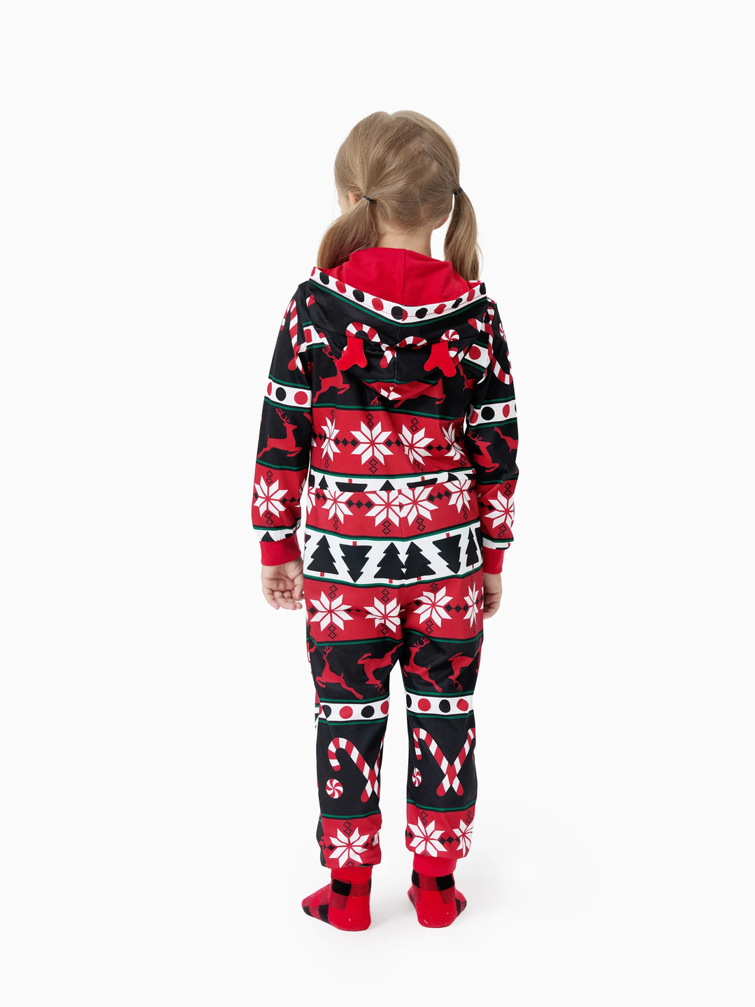 Pyjama de Noël à capuche et fermeture éclair, motif renne 3D, tenues familiales assorties, rouge/noir