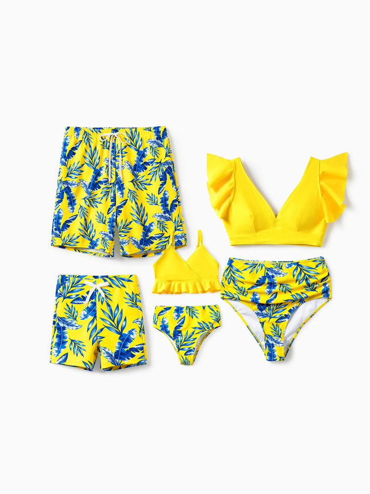 Daddy & Son Gelbe Badeshorts mit Blattmuster und optionalem Badeüberwurf Gelb