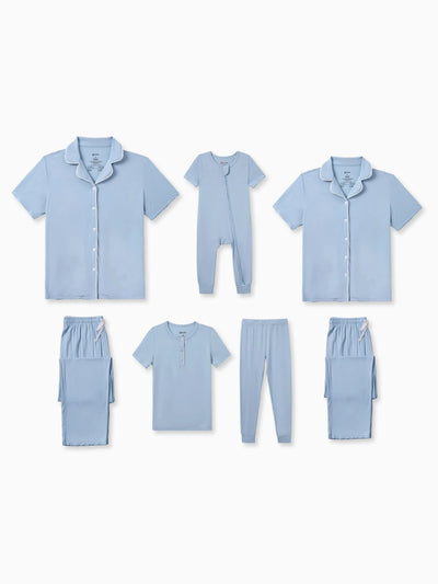Mommy & me Bamboo Pajamas Soft Bamboo Viscose PJs for Men Women Kids Toddler Baby, Classic Blue Short-sleeve Sleepwear with Button-Down Shirt and Pants Blue grey
