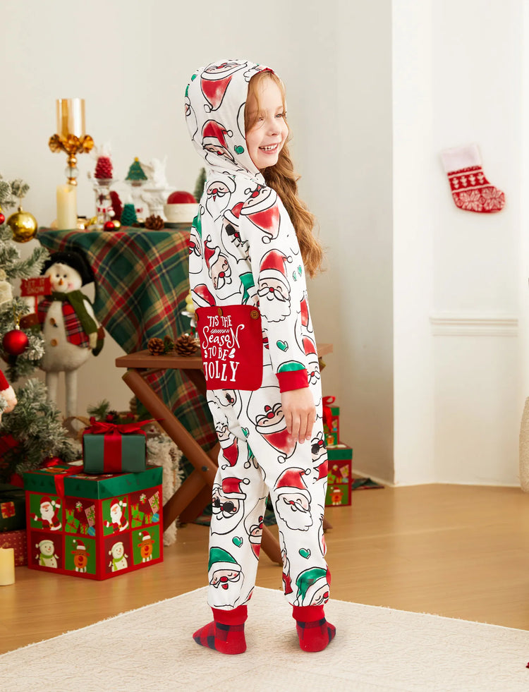 Christmas Matching Family Pajamas Set Santa Claus Allover Print Hooded Onesie PJS with Christmas Socks ColorBlock