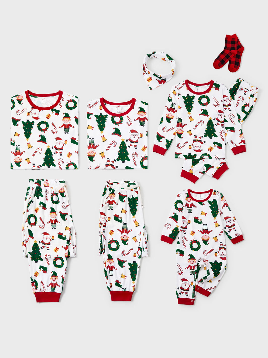 Conjunto de pijama familiar navideño a juego, con estampado de Papá Noel y árbol de Navidad, de manga larga y calcetines navideños, color blanco