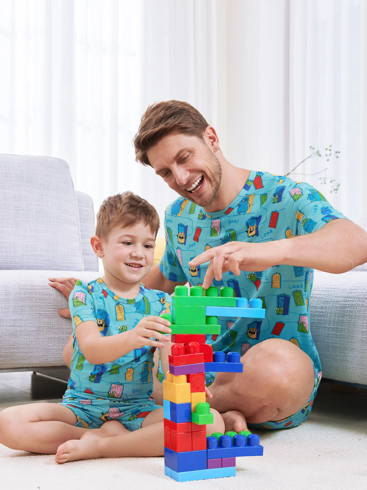 Pyjama familial en bambou imprimé dessin animé, ensemble de pyjama assorti à manches courtes (ajusté pour les enfants) vert
