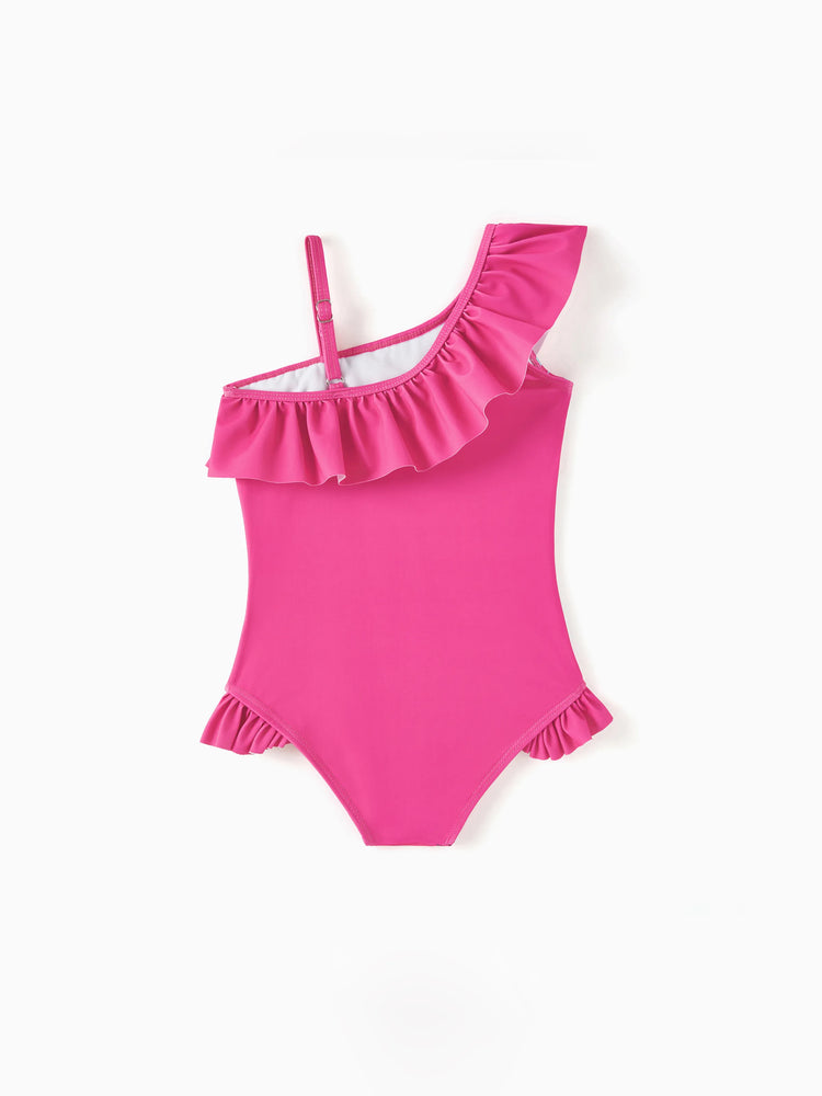 Toddler Girl Barbie Girls Ruffled Tropical Floral Print Swimsuit Hot Pink