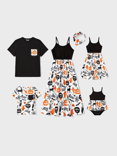 Family Halloween Outfits - Spaghetti Strap Pumpkin Sleeveless Dresses and Short Sleeve Tops Sets