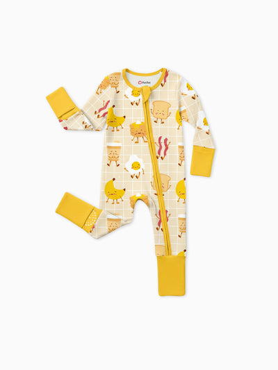 Bamboo Baby Boy/Girl Cartoon Printed 2-Way Zip Onesies Anti Slip Long-sleeve Footie Pale Yellow