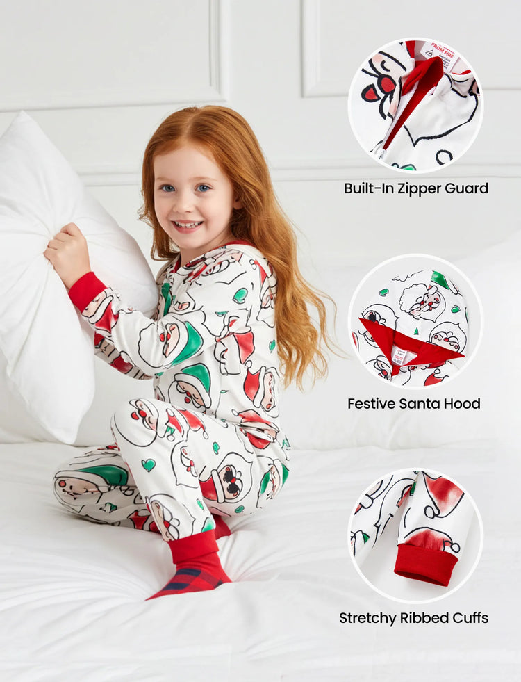 Christmas Matching Family Pajamas Set Santa Claus Allover Print Hooded Onesie PJS with Christmas Socks ColorBlock