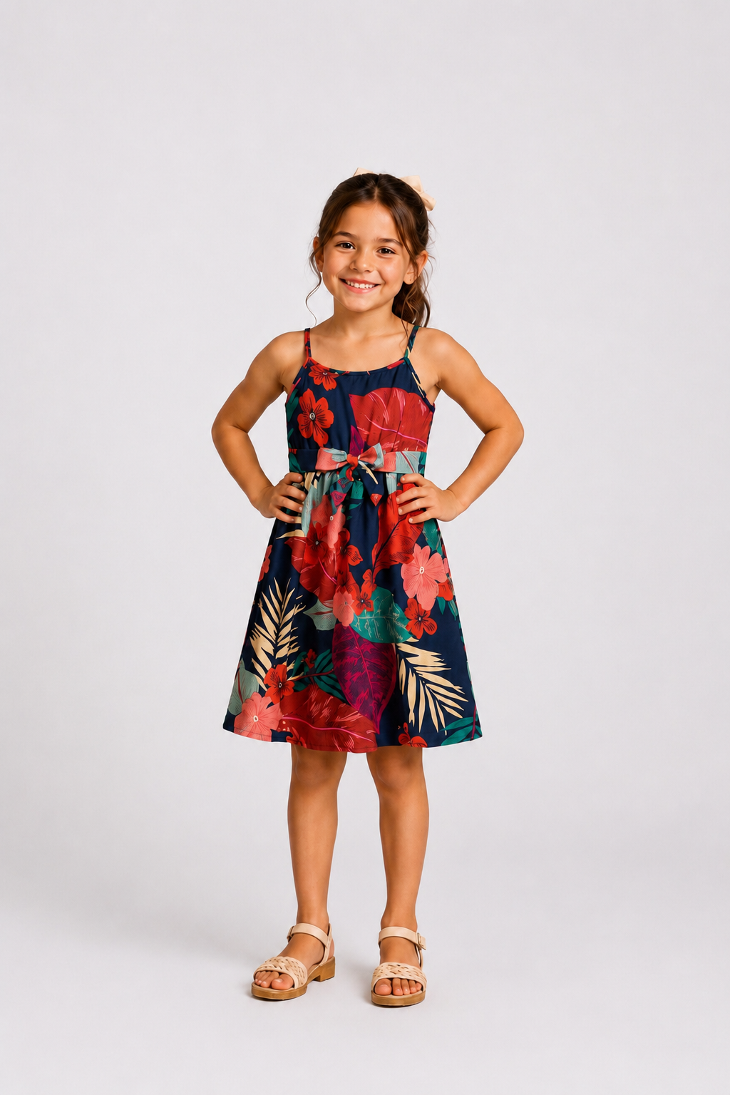 Mommy and Me Family Matching Sets Floral Panel Black tee and V-neck Strap Dress with Hidden Snap  Deep Blue