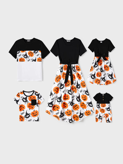 Halloween Family Matching Pumpkin Print Dresses and Short Sleeve Colorblock Tops Sets ColorBlock