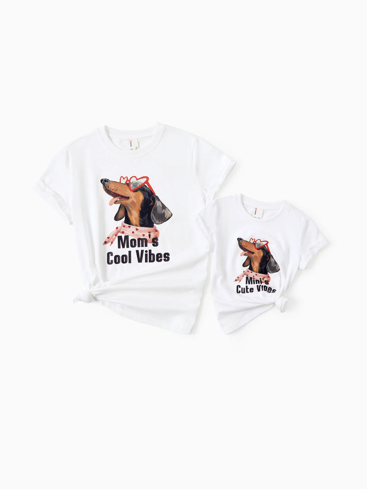 Mommy and Me Dachshund Graphic Tees "Mom's Cool Vibes" Matching Cotton Doggy Print T-Shirt White