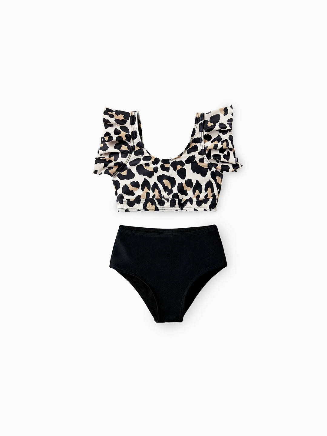 Mommy & me Leopard Pattern Drawstring Ruffle Neck Two-Piece Bikini with Optional Cover Up Sarong Skirt Black