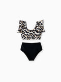Toddler Girl Leopard Pattern Drawstring Ruffle Neck Two-Piece Bikini Skirt Black