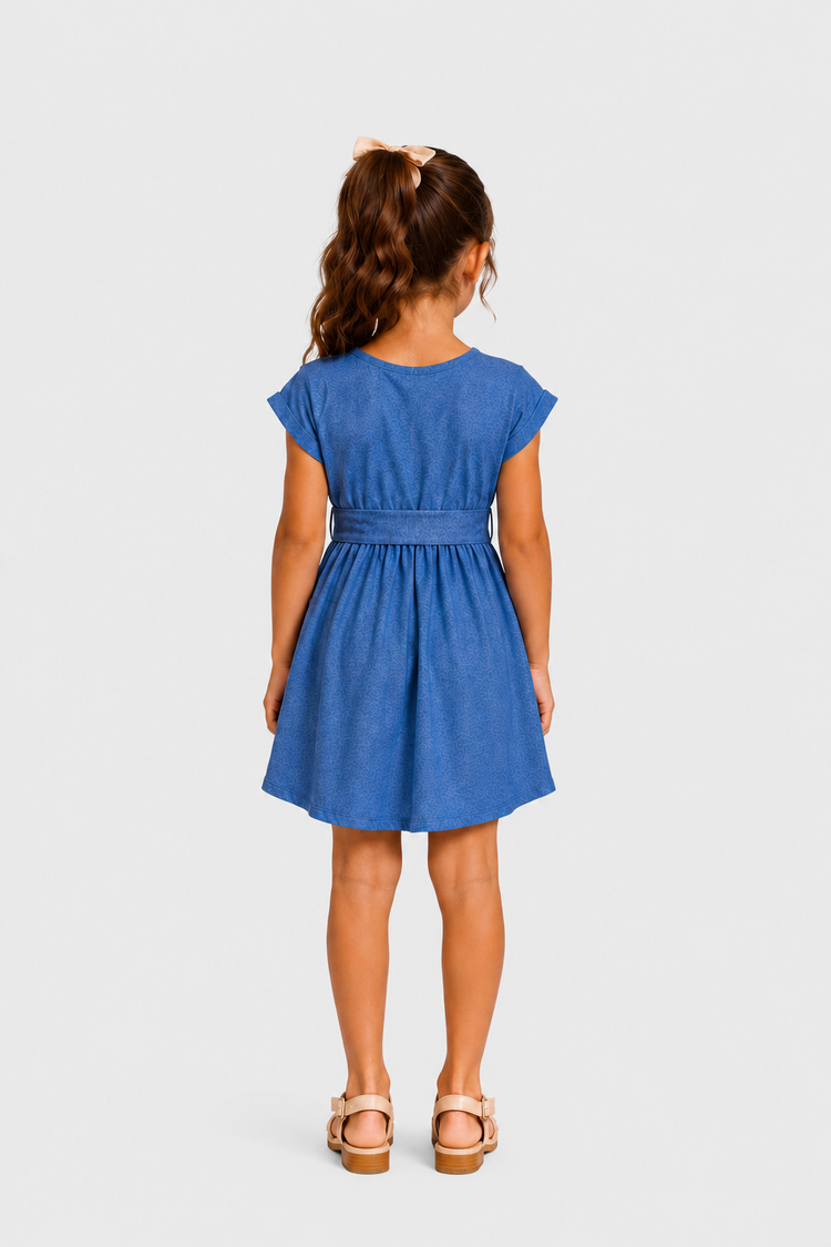 Mommy and Me Family Matching Soft Casual Outfit with Below Knee Dresses, Front Buttons, Belted Design Blue
