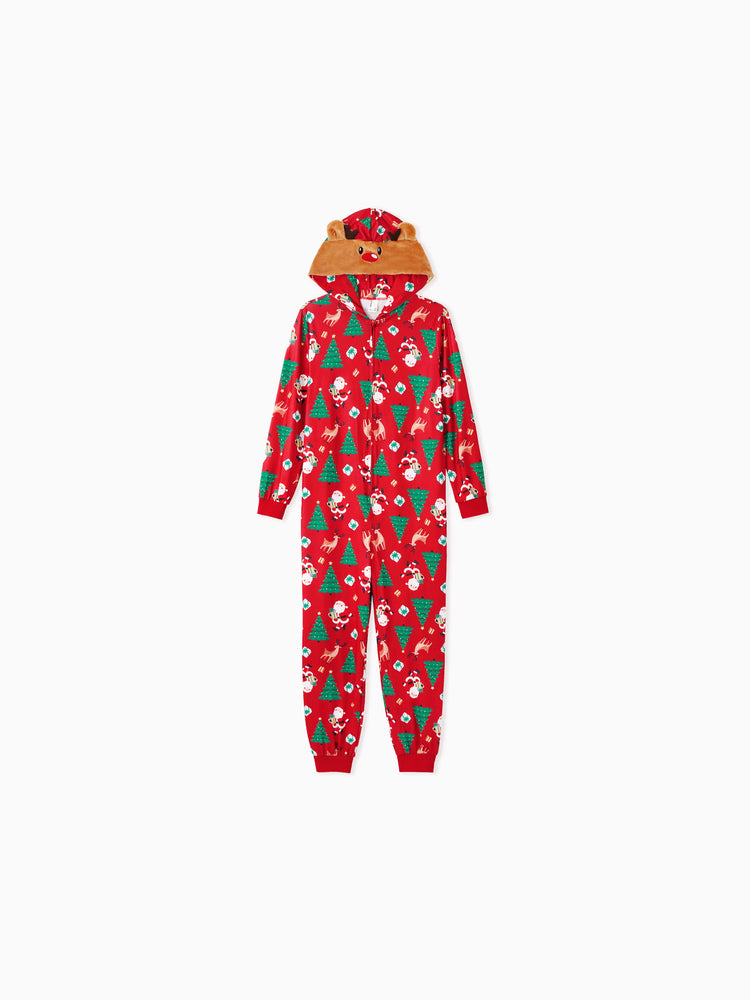 Pyjama de Noël familial, combinaison à capuche et imprimé renne 3D avec chaussettes de Noël, rouge-2