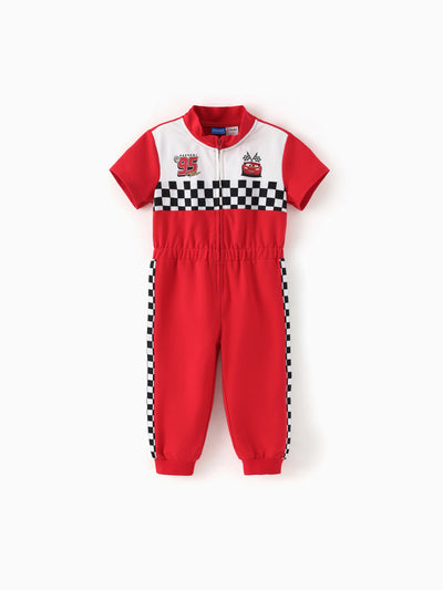 Cars Toddler Boy Zipper Design Checkerboard Short-sleeve Jumpsuit Red