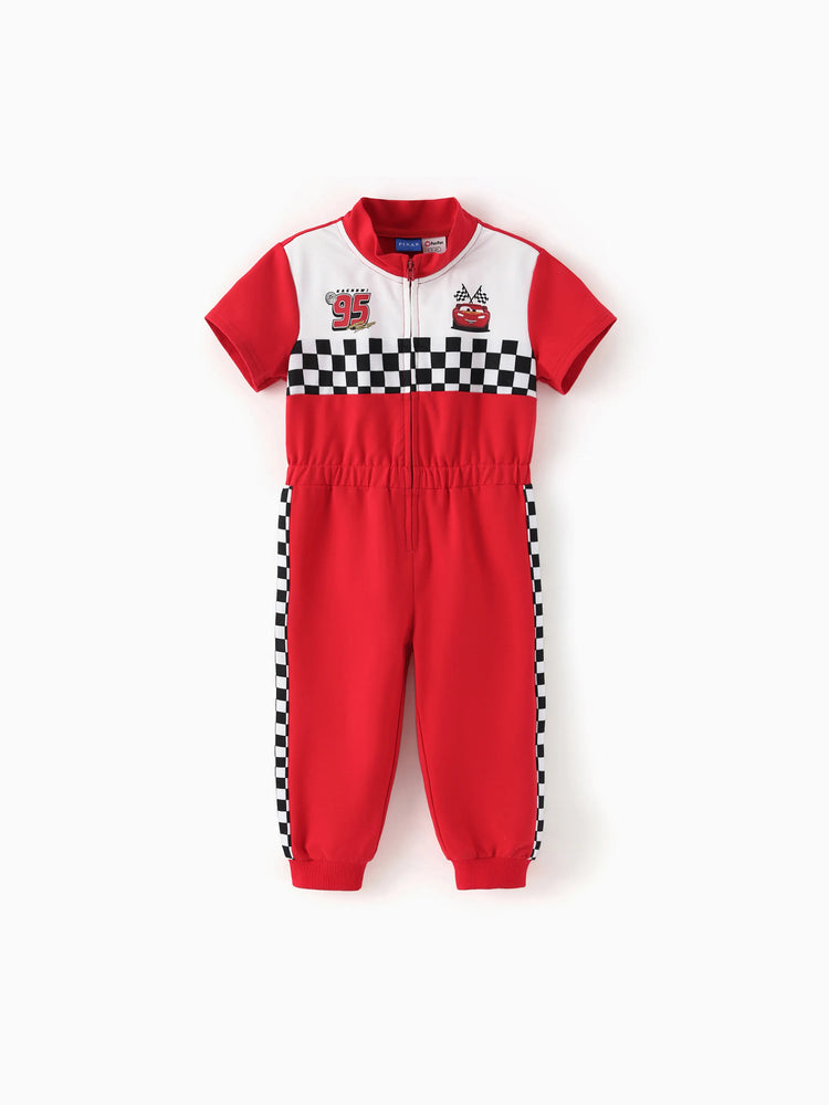 Cars Toddler Boy Zipper Design Checkerboard Short-sleeve Jumpsuit Red