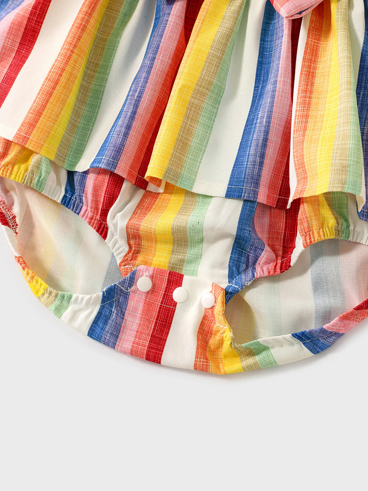 Family Matching Colorful Striped V Neck Flutter-sleeve Dresses and Short-sleeve T-shirts Sets COLOREDSTRIPES