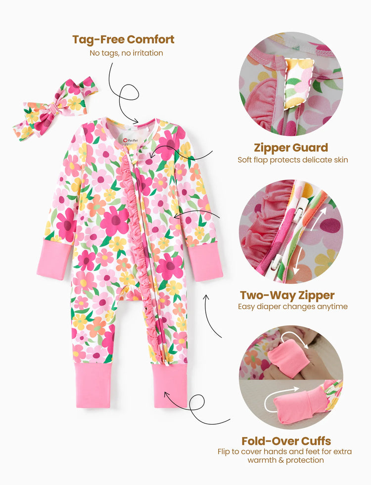 Bambus Baby Jungen/Mädchen Tier bedruckt 2-Wege-Reißverschluss Strampler Anti-Rutsch Langarmfußball mit Haarband dunkelrosa