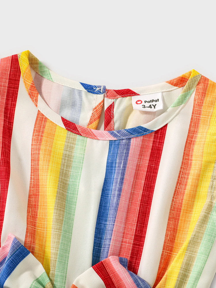 Family Matching Colorful Striped V Neck Flutter-sleeve Dresses and Short-sleeve T-shirts Sets COLOREDSTRIPES