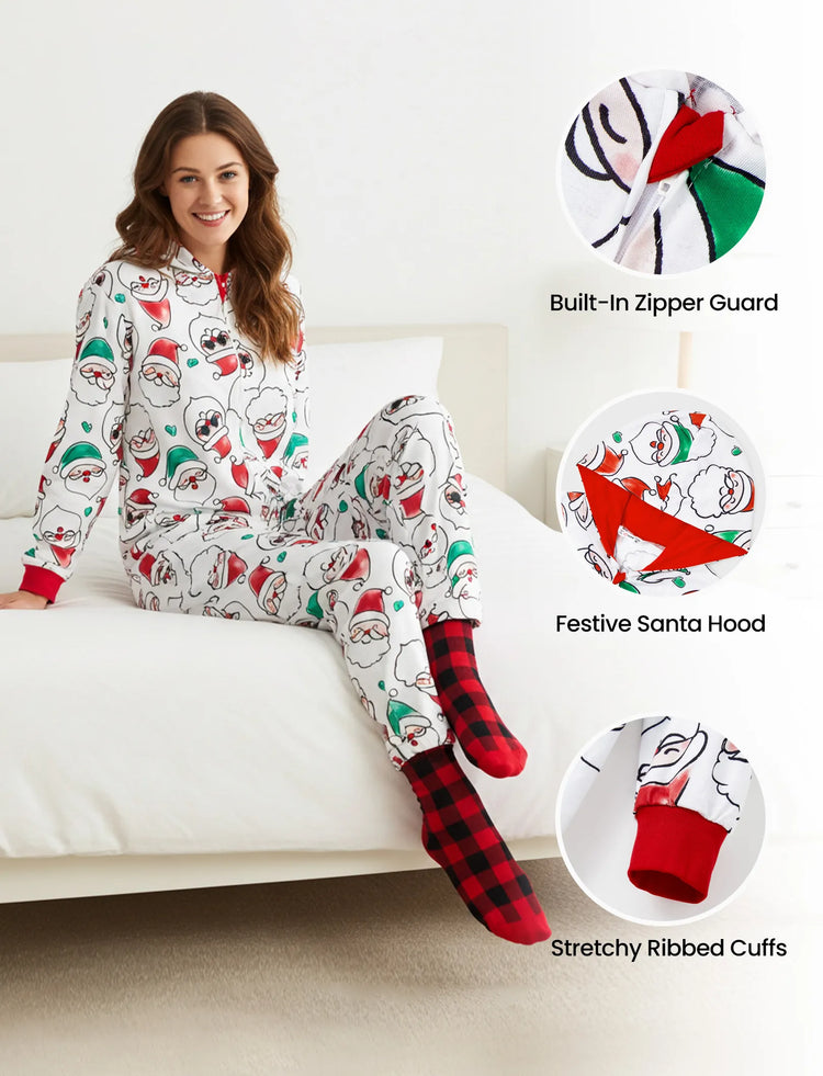 Christmas Matching Family Pajamas Set Santa Claus Allover Print Hooded Onesie PJS with Christmas Socks ColorBlock