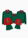 Tenues familiales assorties pour sapin de Noël Sweat-shirts à col à carreaux verts ou ensemble haut imprimé sapin de Noël et jupe en tulle vert foncé