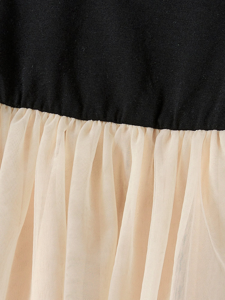 Family Matching Black-Almond Mesh Skirt and Classic Round Neck Long Sleeve Tops Sets Black