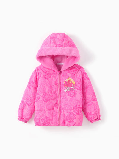 Disney Princess Toddler Girl 1pc Aurora Plush Edge Hooded Puffer Jacket Coat Roseo