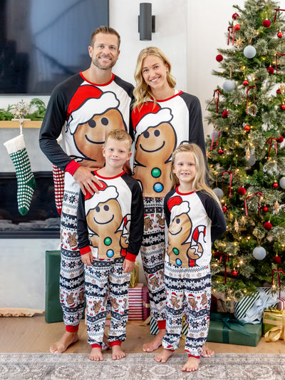 Pyjama de Noël assorti à manches raglan pour toute la famille, motif bonhomme en pain d'épices, avec cordon de serrage, poches et chaussettes de Noël rouge/noir