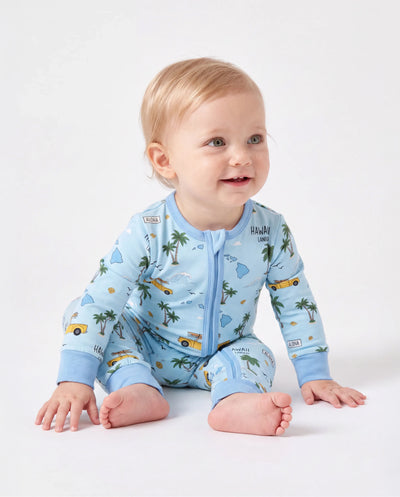 Pyjama sans pieds ajusté à fermeture éclair en mélange cartoon neutre en bambou pour bébé, bleu