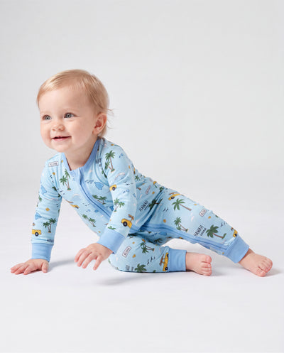 Pyjama sans pieds ajusté à fermeture éclair en mélange cartoon neutre en bambou pour bébé, bleu