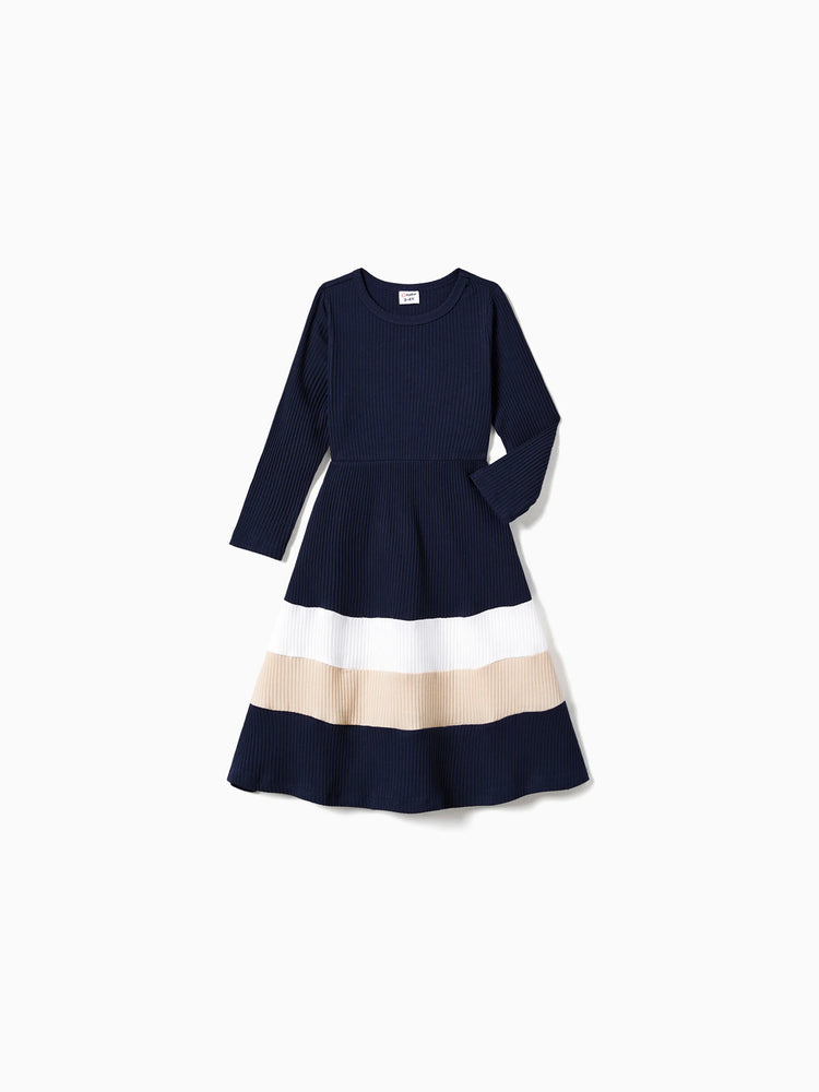 Family Matching Color-Block Knit Long-Sleeved Dresses And Tops Sets Multi-color