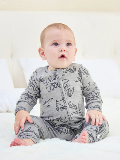 Pyjama bébé garçon/fille en laine à imprimé végétal, zippé et ajusté, gris