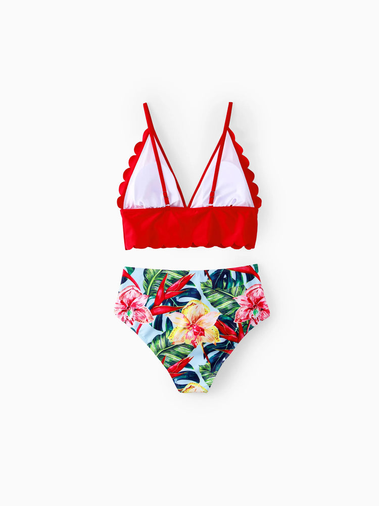 Family Matching Floral Drawstring Swim Trunks or Ruched Shell Edge Bikini with Optional Swim Cover Up Red
