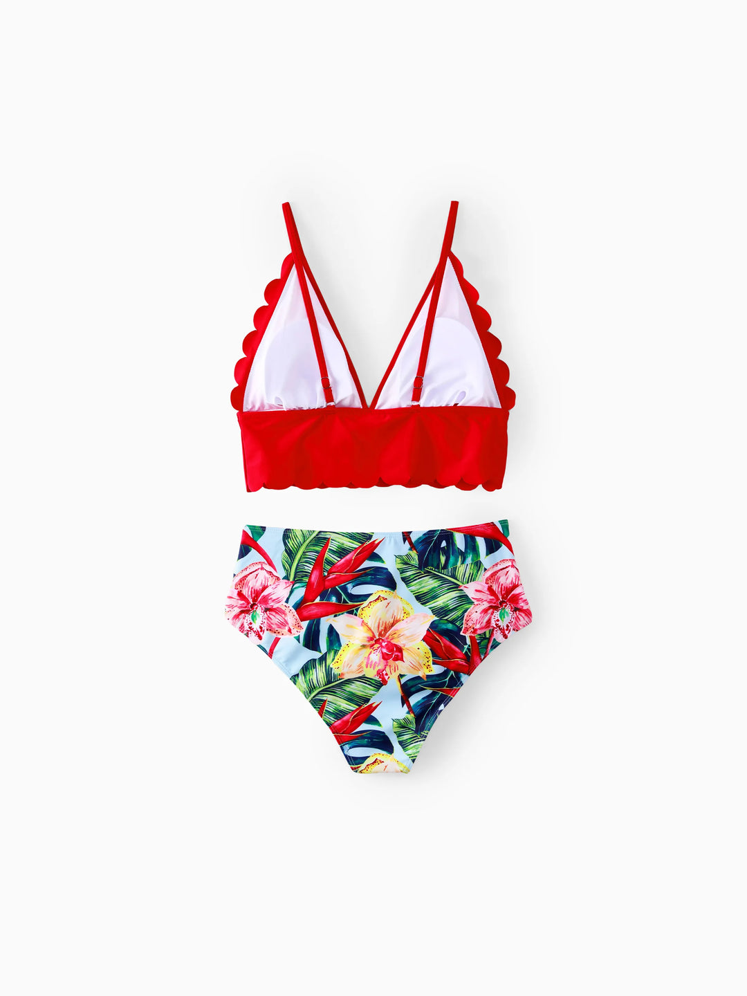 Conjunto familiar a juego para mamá y yo: pantalones de baño con cordón y estampado floral o bikini con borde fruncido en forma de concha con opción de cubierta de baño Rojo