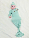 Bamboo infant sleeping gown with matching hat, light green.