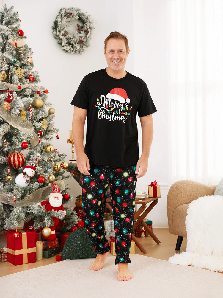 Ensemble pyjama à manches courtes imprimé lettres et ampoules festives pour la famille de Noël, noir