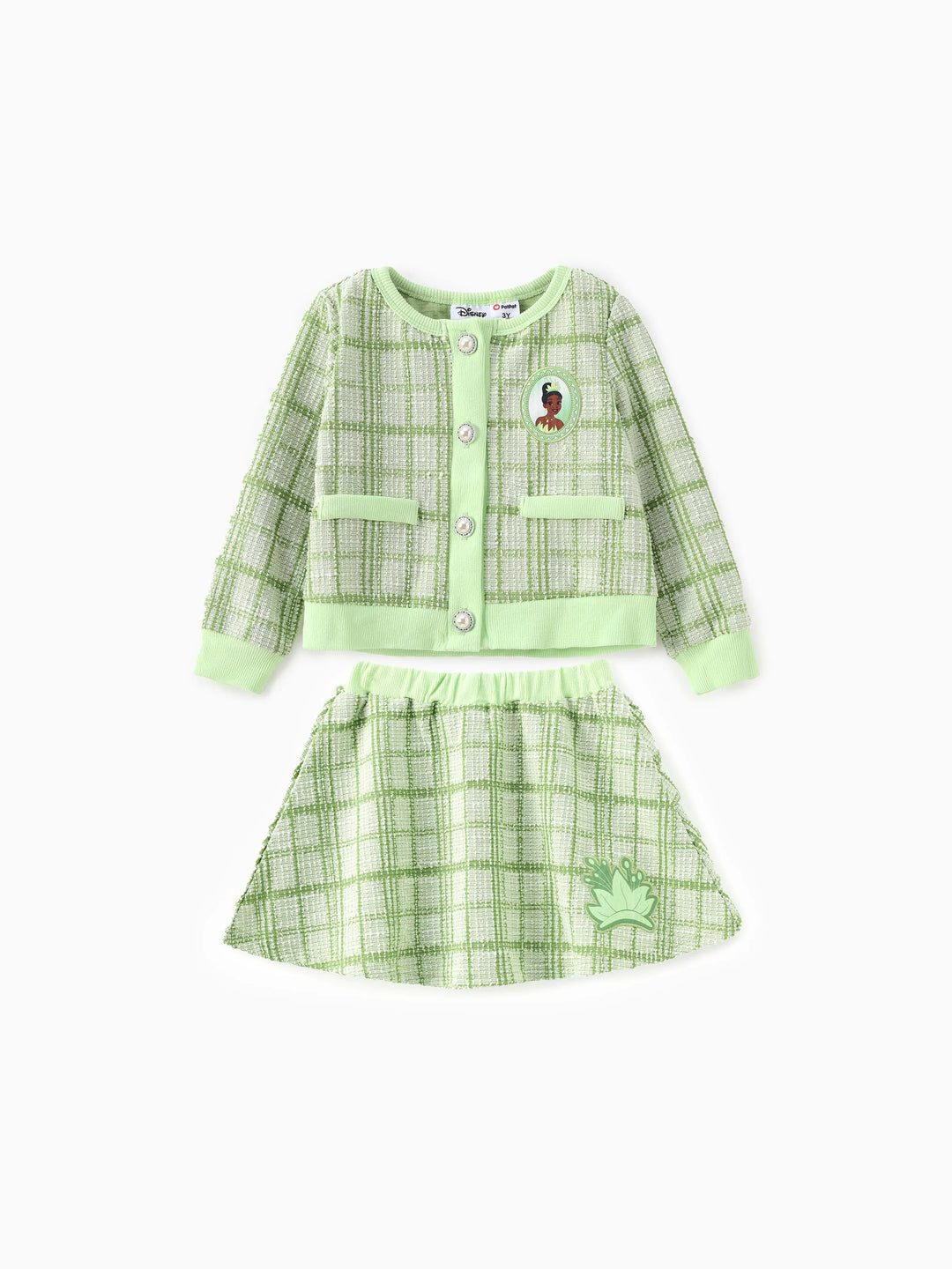 Ensemble 2 pièces princesse Disney Tiana pour petite fille, cardigan en tweed à carreaux style Preppy avec jupe, vert