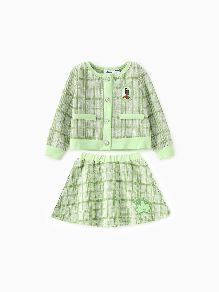 Ensemble 2 pièces princesse Disney Tiana pour petite fille, cardigan en tweed à carreaux style Preppy avec jupe, vert