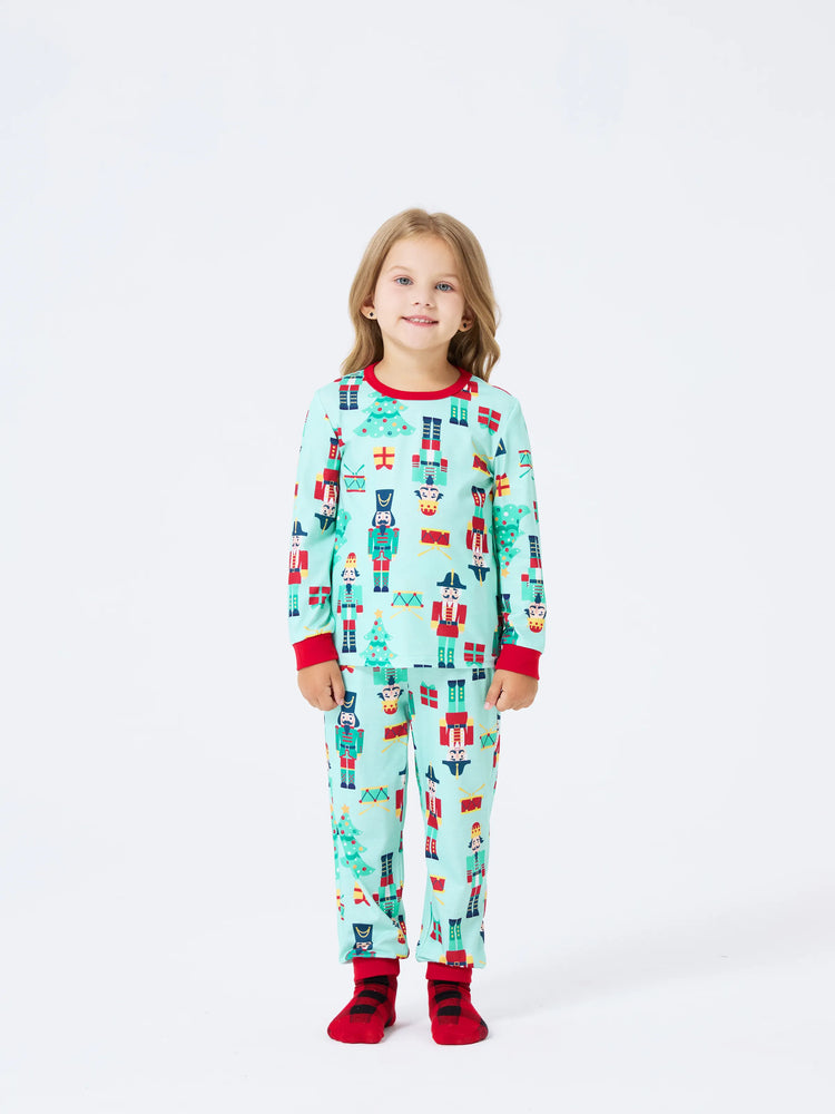 Christmas Matching Family Pajamas Set Soldier and Christmas Tree Print PJS with Christmas Socks Pale Green