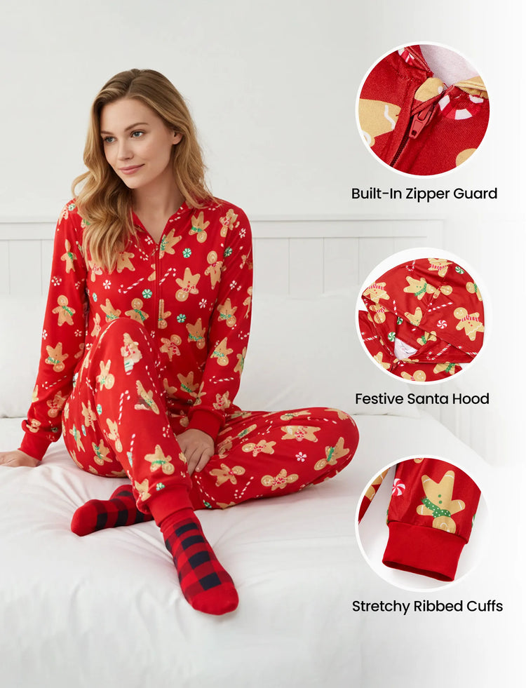 Christmas Family Matching Pajamas Sets Gingerbread Man Pattern Onesies Red-2