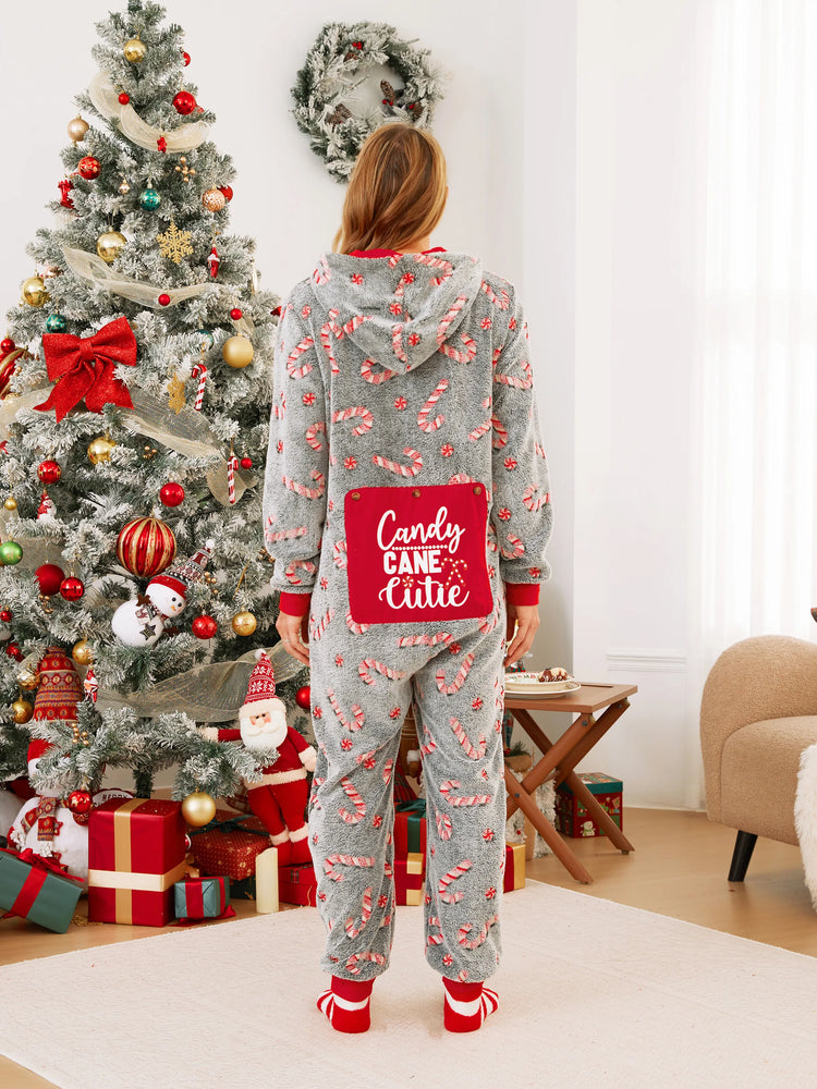 Pyjama grenouillère assorti aux tenues de Noël, motif canne à sucre (brille dans le noir) avec chaussettes de Noël noires