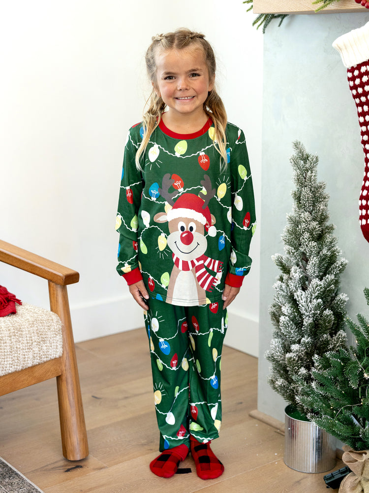 Ensemble pyjama de Noël assorti pour toute la famille, imprimé renne vert et chaussettes de Noël vertes