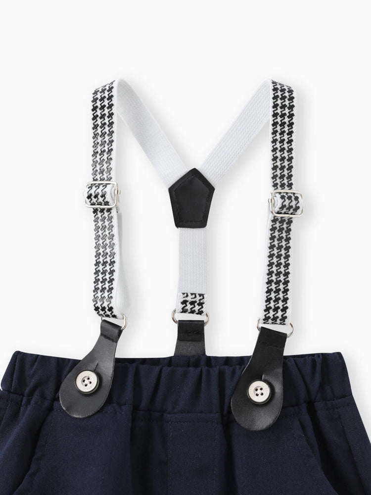 Conjunto de camisa con pajarita y pantalones cortos con tirantes para fiesta de bebé niño, azul oscuro