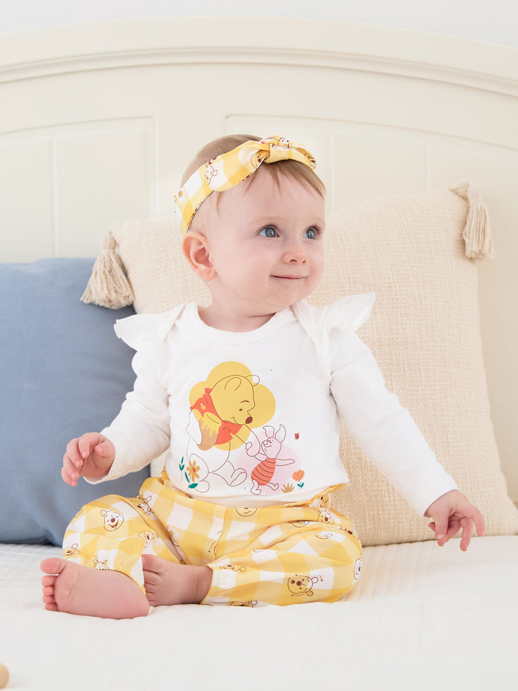 Ensemble 3 pièces Disney Winnie l'ourson pour bébé fille, barboteuse à volants, pantalon et bandeau, couleur gingembre