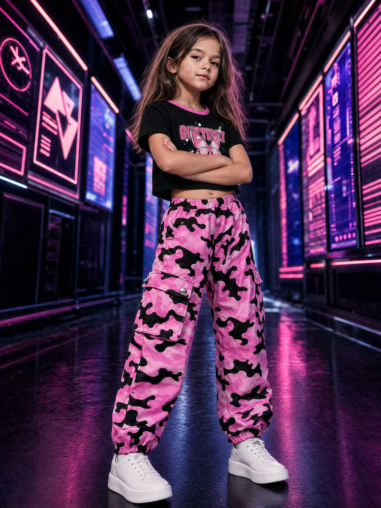 NEON Pop Toddler/Kid Girl Cargo Pants Set Hot Pink