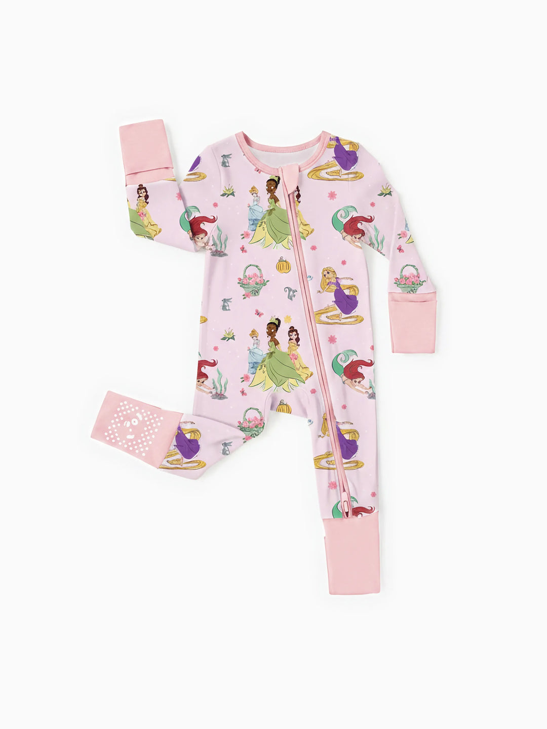 Disney Princess Bamboo Baby Girl Ariel/Belle/Tiana 2-Way Zip Onesies Anti Slip Long-sleeve Footie Pink
