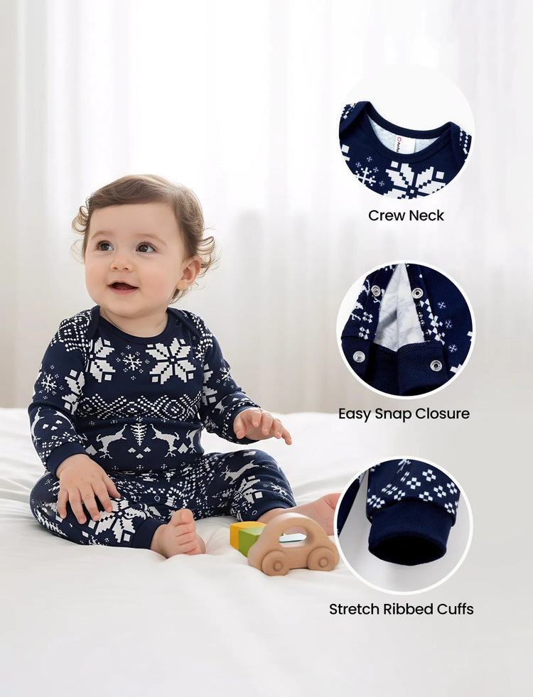 Christmas Matching Family Pajamas Set Christmas Tree and Reindeer Pattern Allover Long-sleeve Dark Blue PJS with Christmas Socks
 Deep Blue
