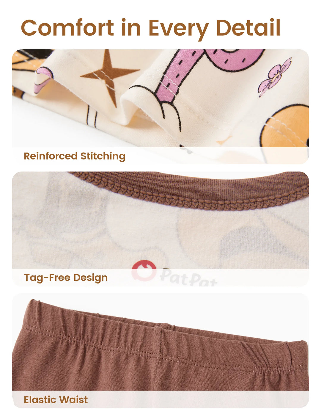 Toddler / Kids 4-piece Organic Cotton Pajamas 4-in 1 Snug fit PaJama Set for Girls Brown