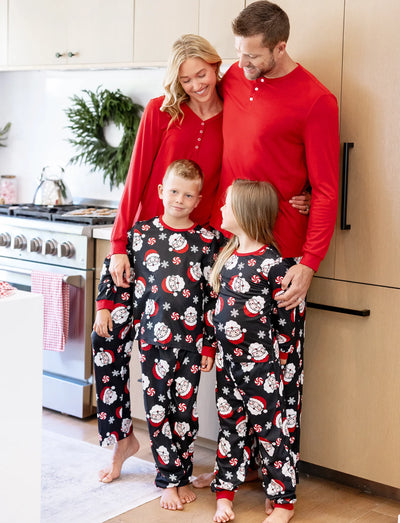 Christmas Matching Family Pajamas Set Cartoon Christmas Claus Print Long-sleeve PJS with Christmas Socks Black
