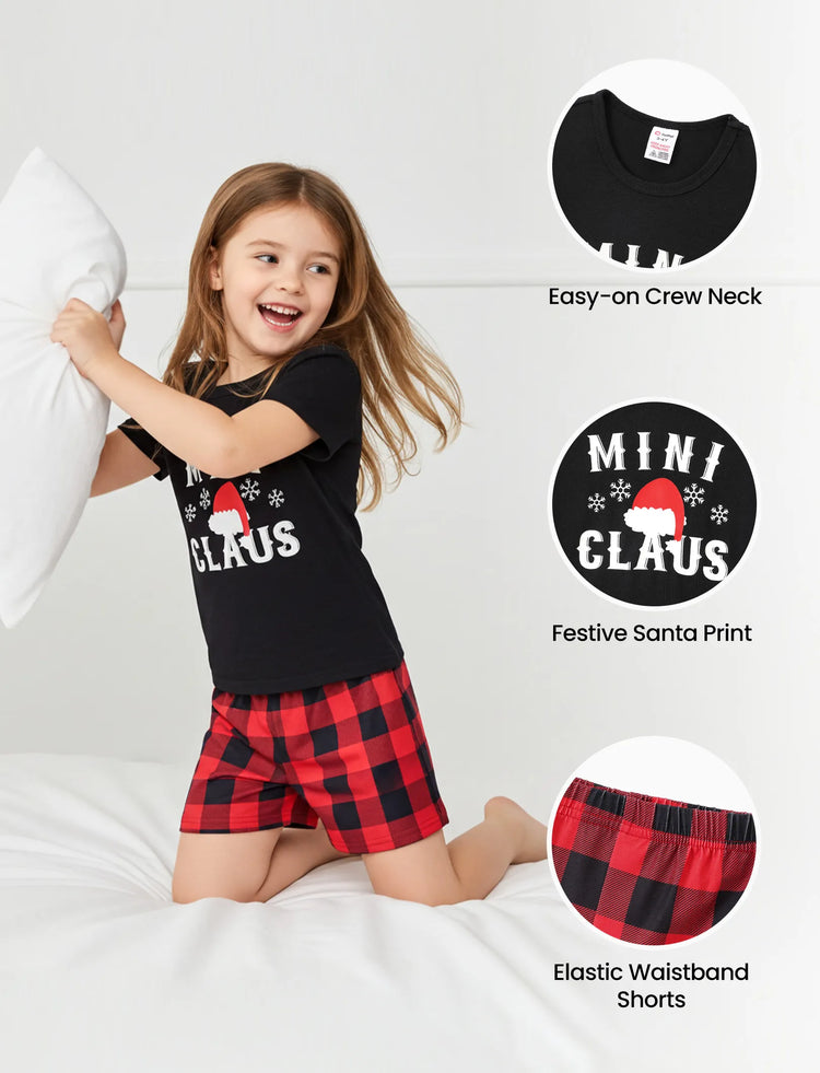 Christmas Hat and Letter Print Black Family Matching Short-sleeve Plaid Pajamas Sets Black