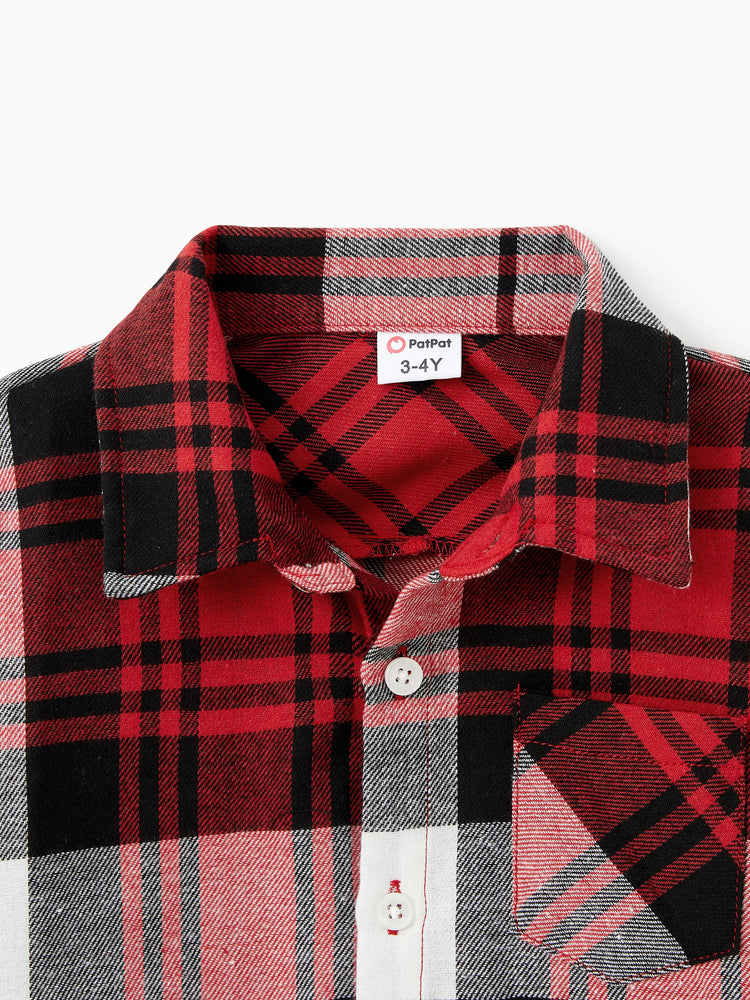 Ensembles assortis pour toute la famille : chemises à carreaux et robes rouges en maille épissée avec ceinture bordeaux